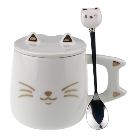 Cana ceramica cu capac si lingurita 9x10 cm Pisica [4]