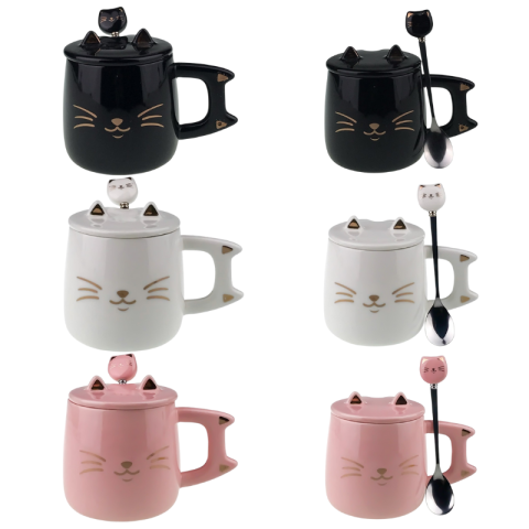 Casă și decorațiuni - Cana ceramica cu capac si lingurita 9x10 cm Pisica