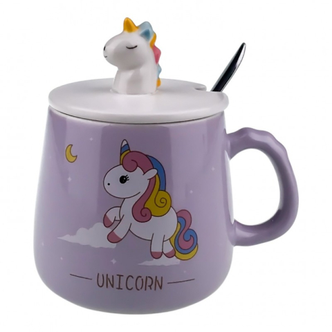 Casă și decorațiuni - Cana ceramica cu lingurita si capac 10x13 cm Unicorn