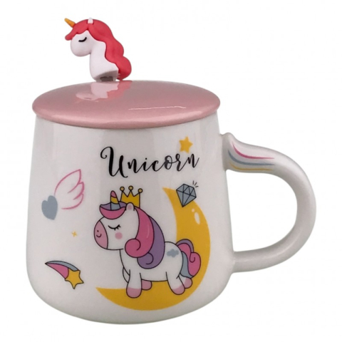 Casă și decorațiuni - Cana ceramica unicorn cu capac si lingurita 9x10 cm