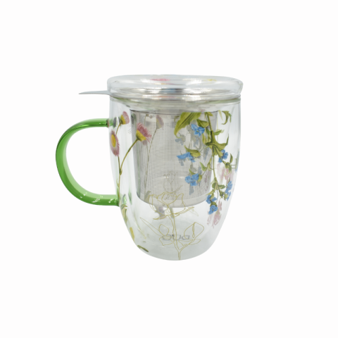 Căni și pahare - Cana de sticla cu pereti dubli infuzor si capac Colors of nature 350 ml