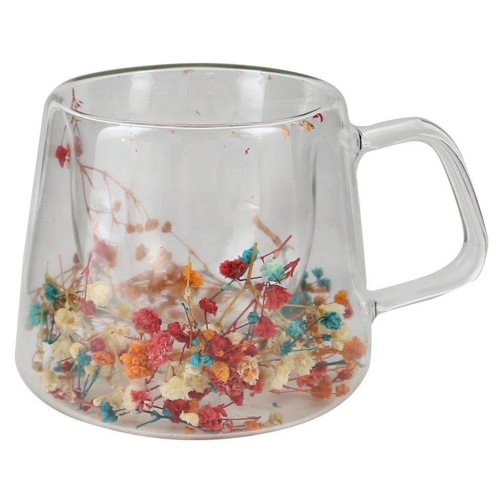 Căni și pahare - Cana de sticla cu pereti dubli 200 ml cu flori uscate