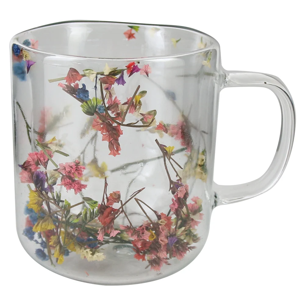 Căni și pahare - Cana de sticla transparenta cu pereti dubli 350 ml cu flori uscate