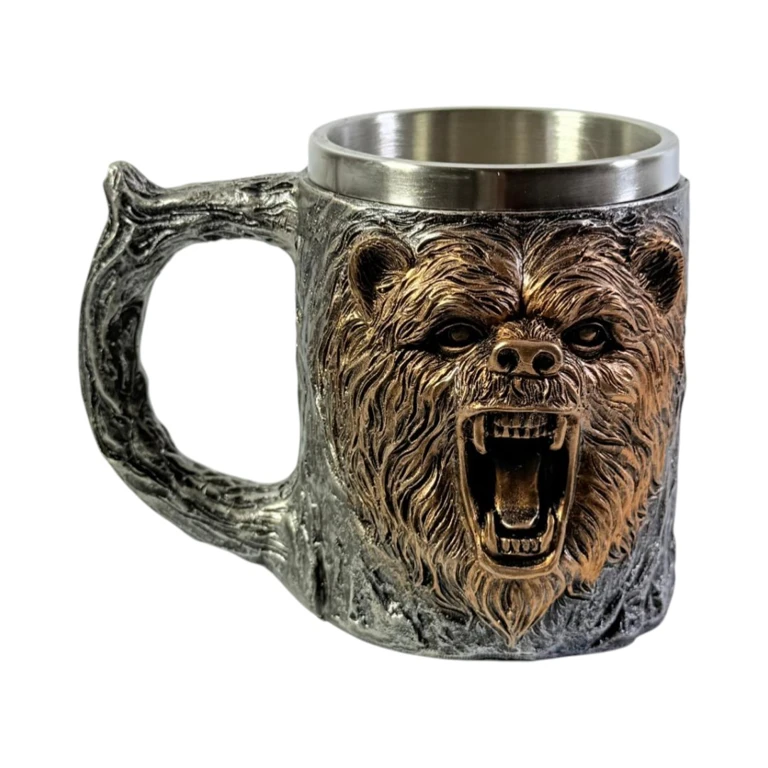 Căni și pahare - Cana decorativa rasina cu interior metalic 400 ml cap de urs