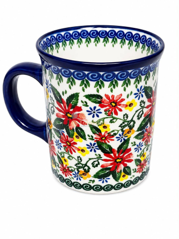 Căni și pahare - Cana din ceramica cu model floral rosu-albastru