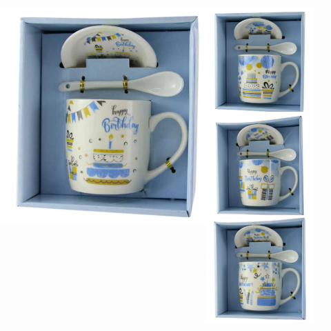 Căni și pahare - Cana cu farfurie si lingurita din ceramica Happy Birthday Albastru 9 cm modele diferite