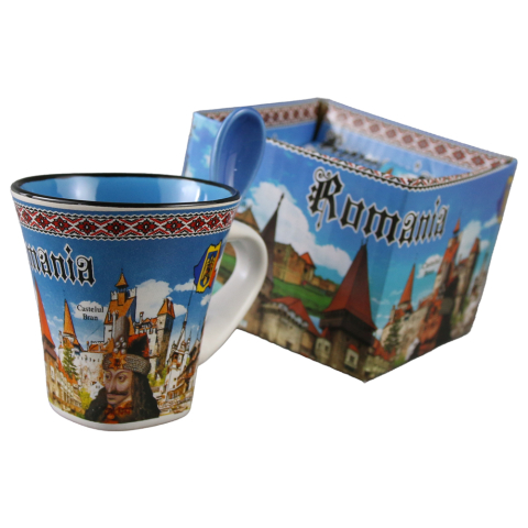 Cana din ceramica cu lingurita Romania fundal albastru 90 ml 9 x 7 x 9 cm culori diferite [1]