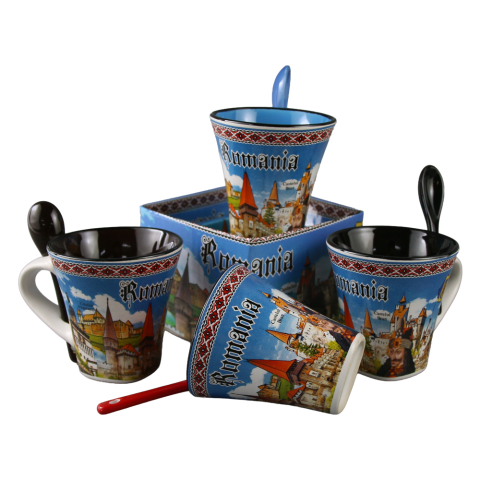 Căni și pahare - Cana din ceramica cu lingurita Romania fundal albastru 90 ml 9 x 7 x 9 cm culori diferite