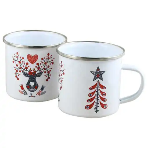 Decorațiuni de interior - Cana metalica emailata de Craciun 300 ml brazi si cerb