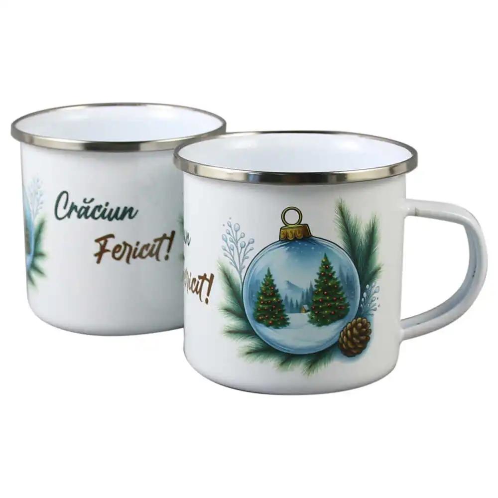 Noutăți Librăria Compas - Cana metalica emailata Craciun Fericit 300 ml glob de zapada