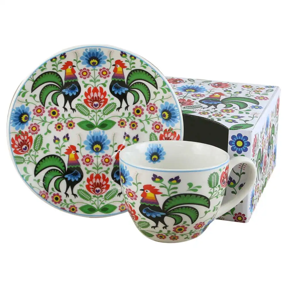 Casă și decorațiuni - Cana portelan cu farfurie 250 ml „Folk Roosters”