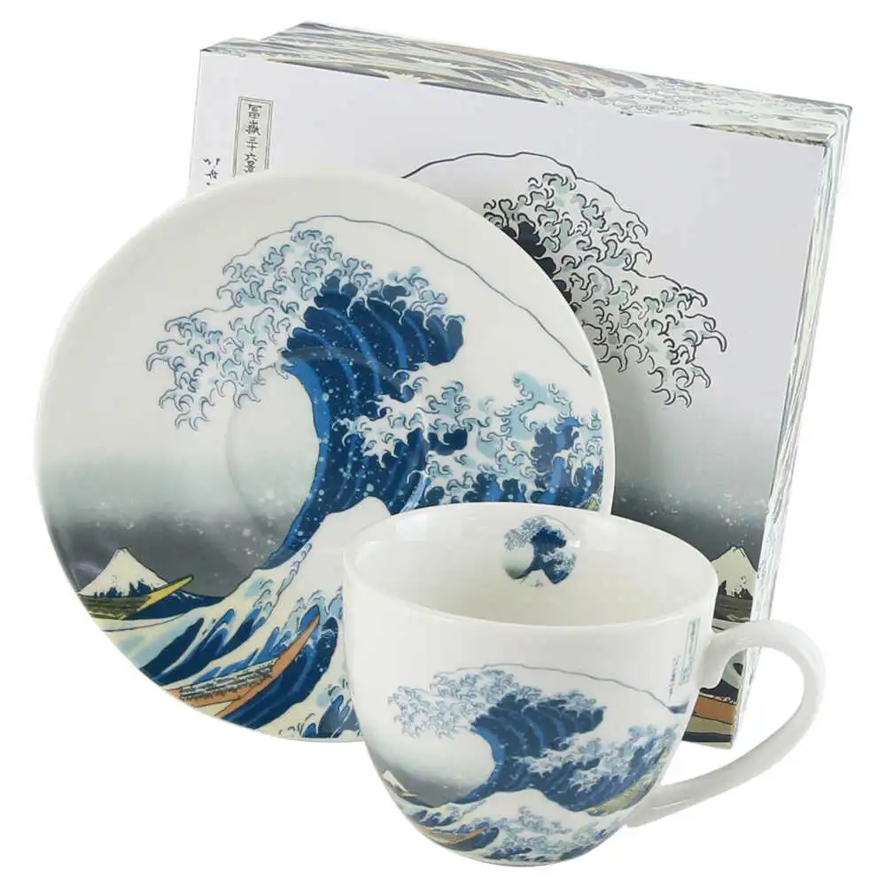 Casă și decorațiuni - Cana portelan cu farfurie 250 ml „The Great Wave” de K. Hokusai