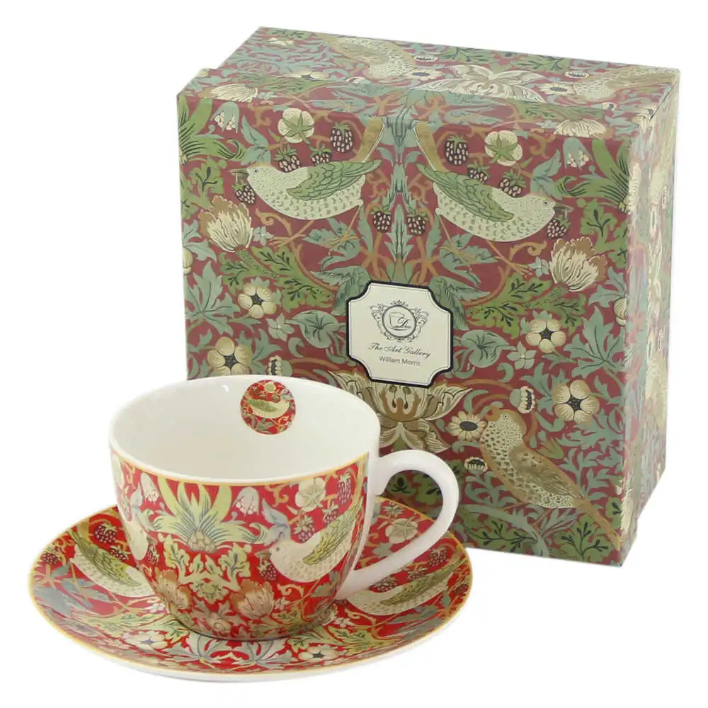 Casă și decorațiuni - Cana portelan cu farfurie 270 ml „Strawberry Thief Red” de William Morris