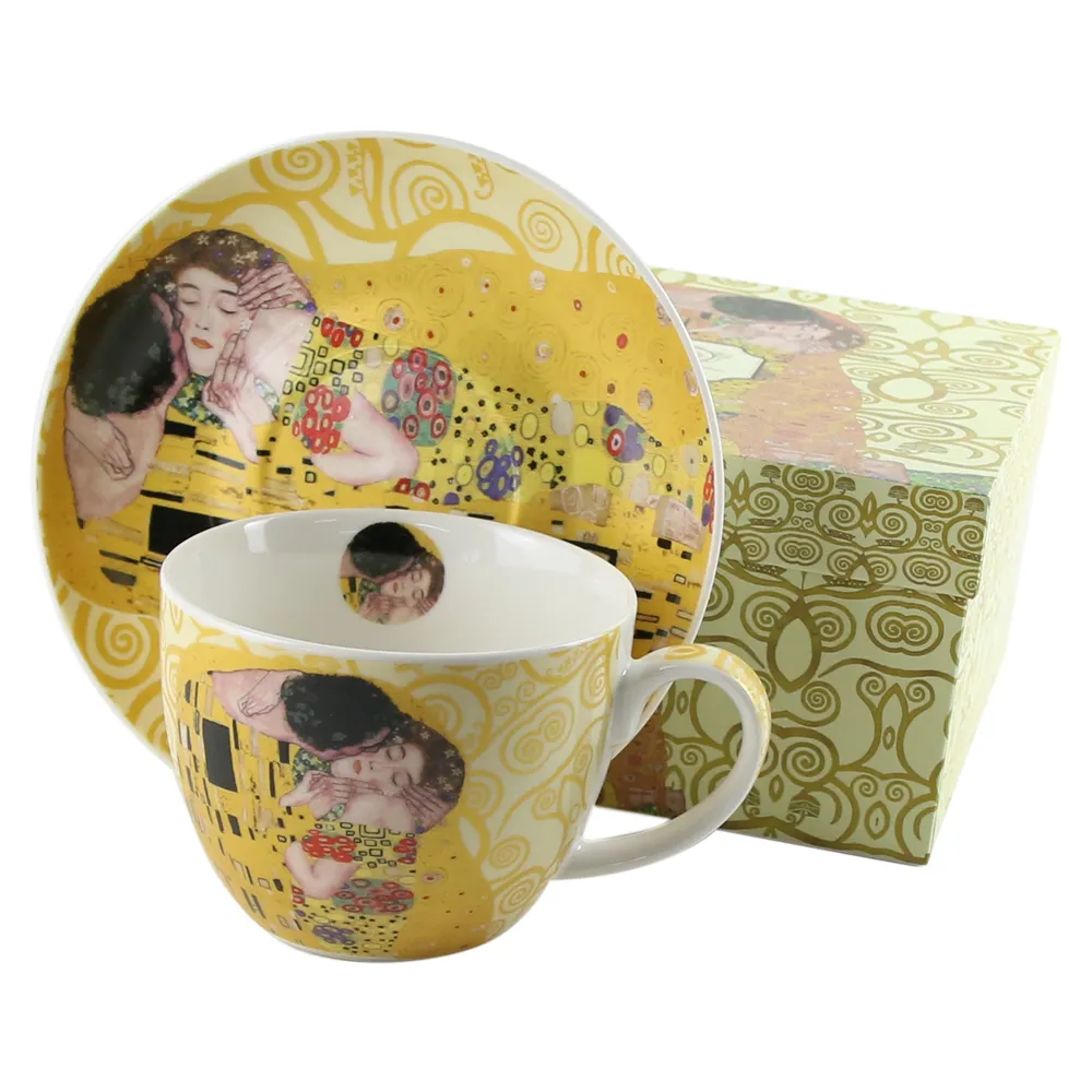Casă și decorațiuni - Cana portelan cu farfurie 470 ml „The Kiss” ecru de Gustav Klimt