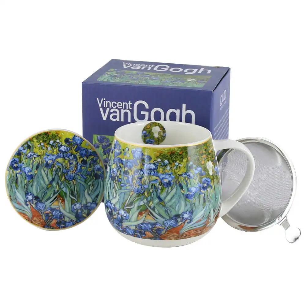 Casă și decorațiuni - Cana portelan cu infuzor metalic si capac 430 ml ”Irises” de V. van Gogh