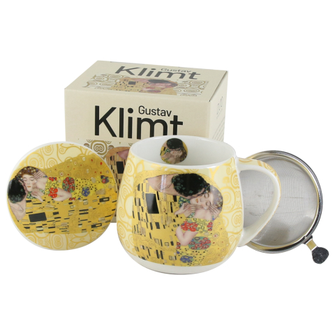 Casă și decorațiuni - Cana portelan cu infuzor metalic si capac 430 ml „The Kiss” de Gustav Klimt