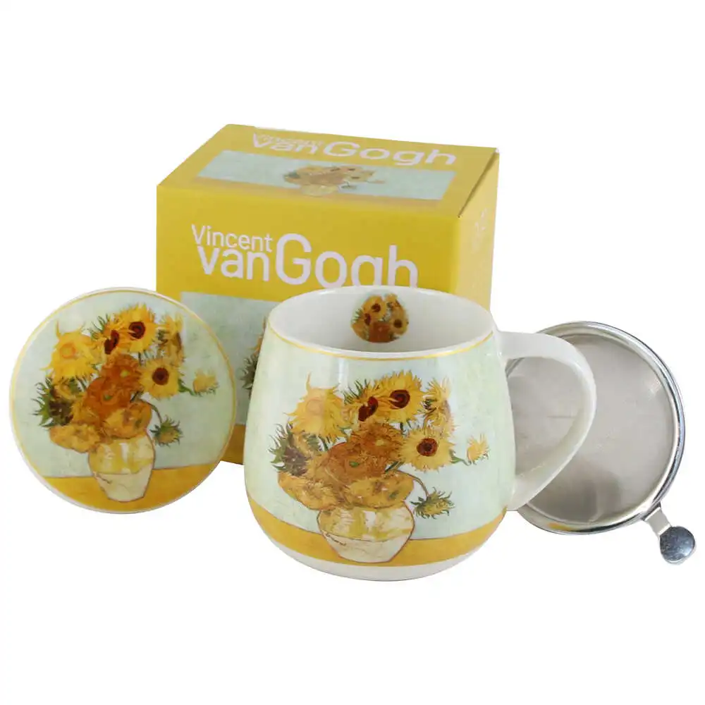 Casă și decorațiuni - Cana portelan cu infuzor metalic si capac 430 ml „Sunflowers” de V. van Gogh