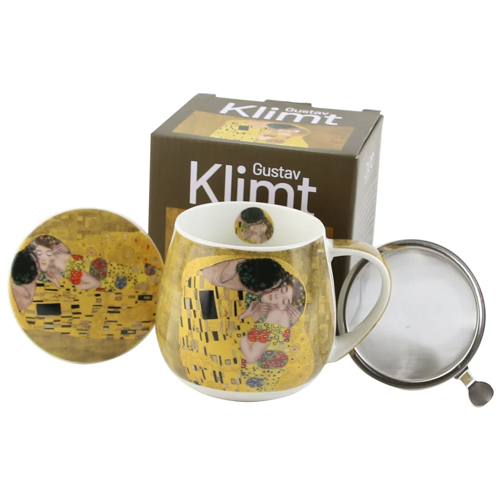 Casă și decorațiuni - Cana portelan cu infuzor metalic si capac 430 ml, „The Kiss” de Gustav Klimt