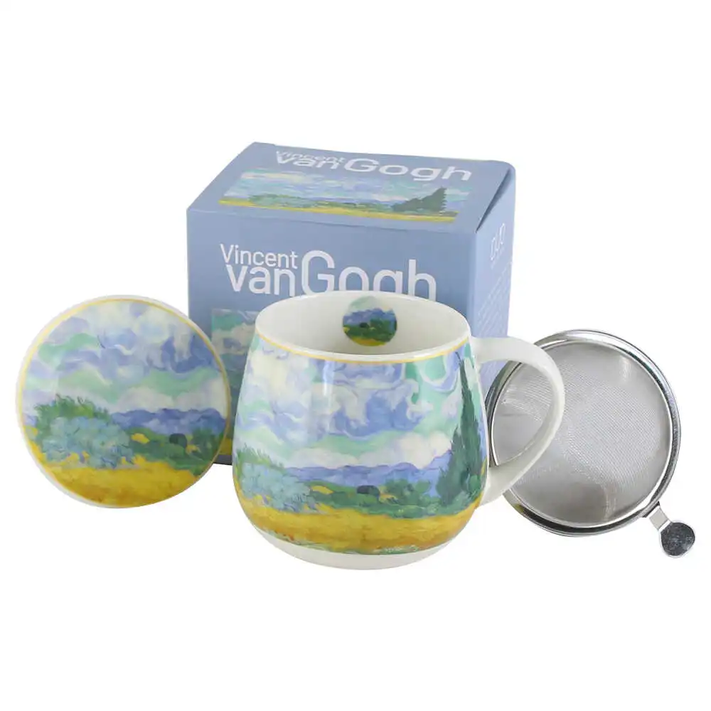 Casă și decorațiuni - Cana portelan cu infuzor metalic si capac 430 ml „Wheat Field” de V. van Gogh