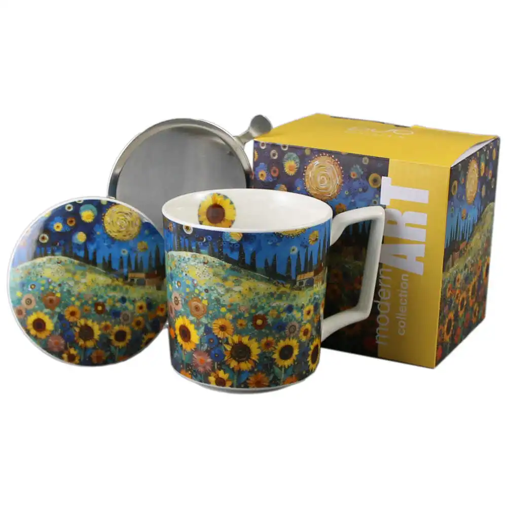 Casă și decorațiuni - Cana portelan cu infuzor metalic si capac 450 ml „Sunflower Field”