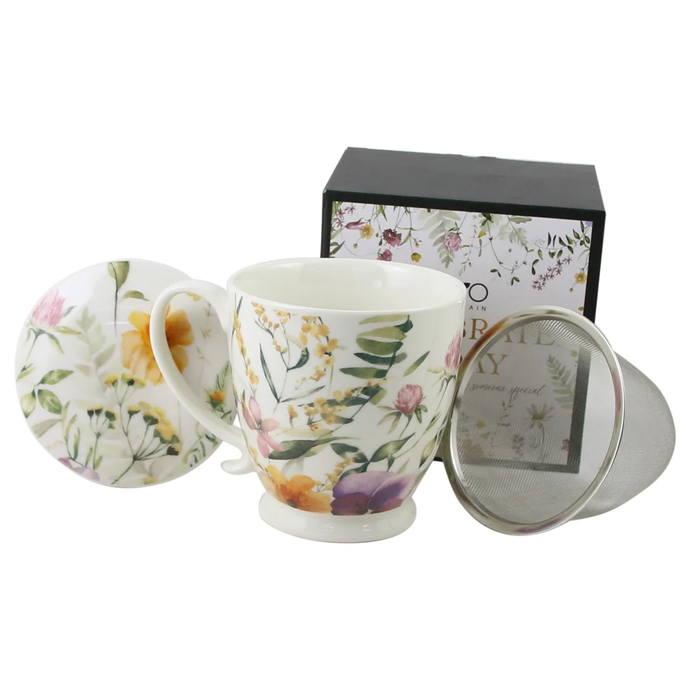 Cana portelan cu infuzor metalic si capac 510 ml Pansy in cutie decorativa [1]