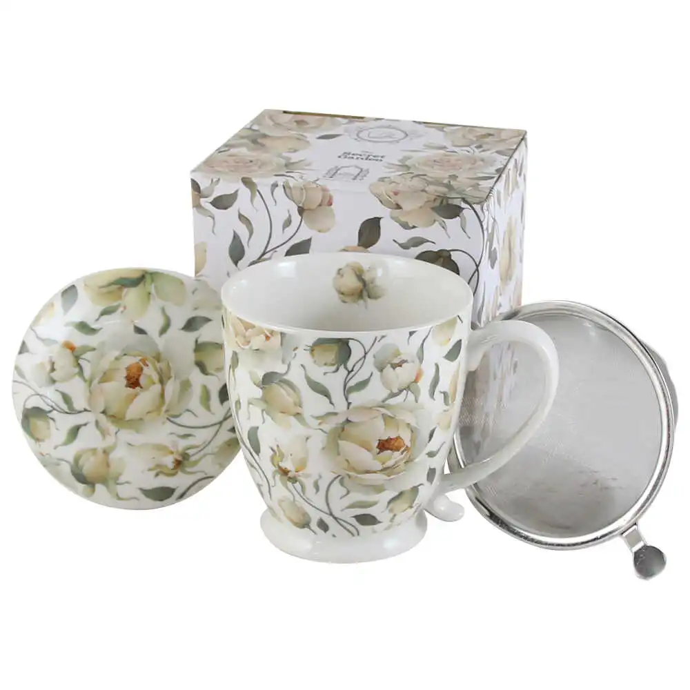 Casă și decorațiuni - Cana portelan cu infuzor metalic si capac 510 ml „English White Roses”