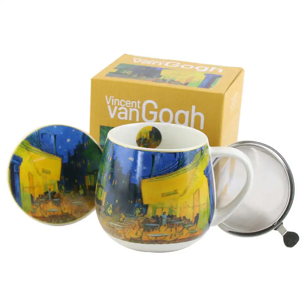 Casă și decorațiuni - Cana portelan cu infuzor metalic si capac 430 ml „Terrace At Night” de V. van Gogh