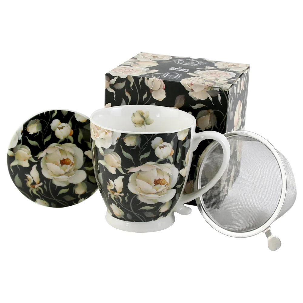 Casă și decorațiuni - Cana portelan cu infuzor 510 ml English Black Roses in cutie decorativa