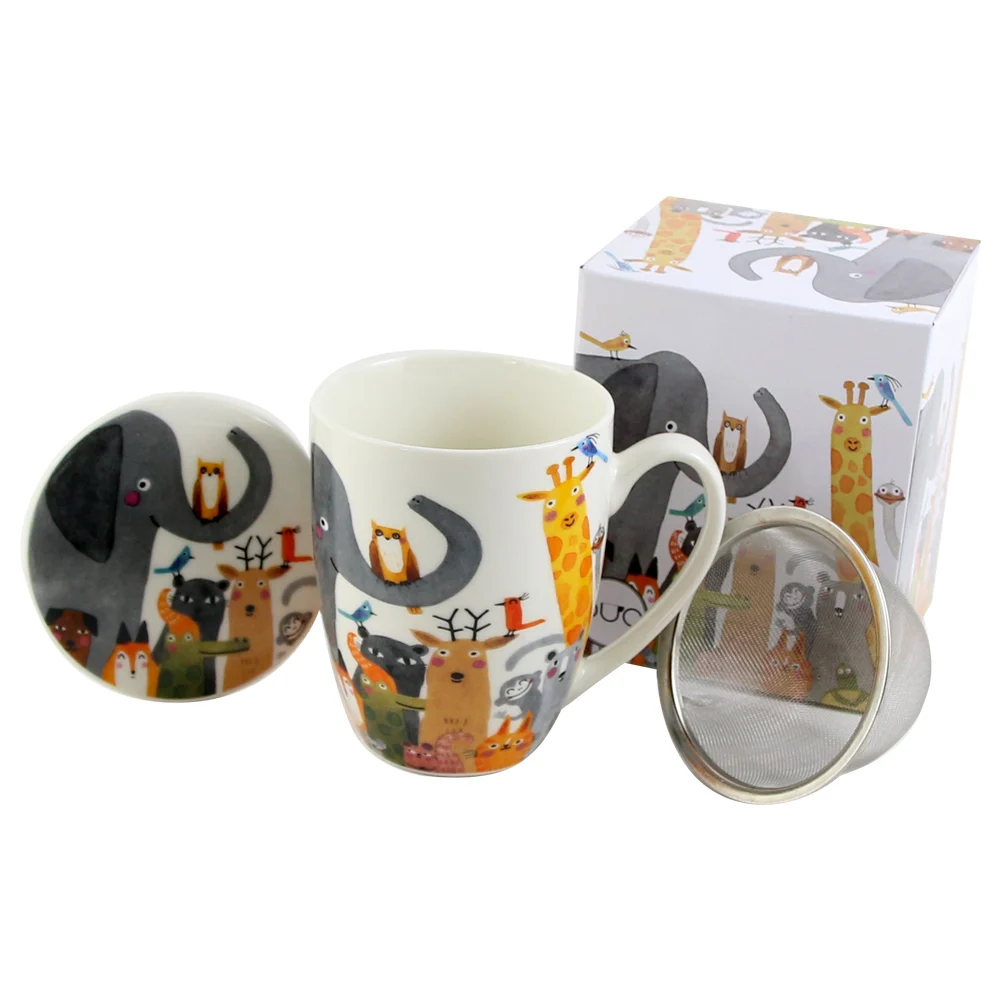 Casă și decorațiuni - Cana portelan cu infuzor metalic si capac 360 ml Animals