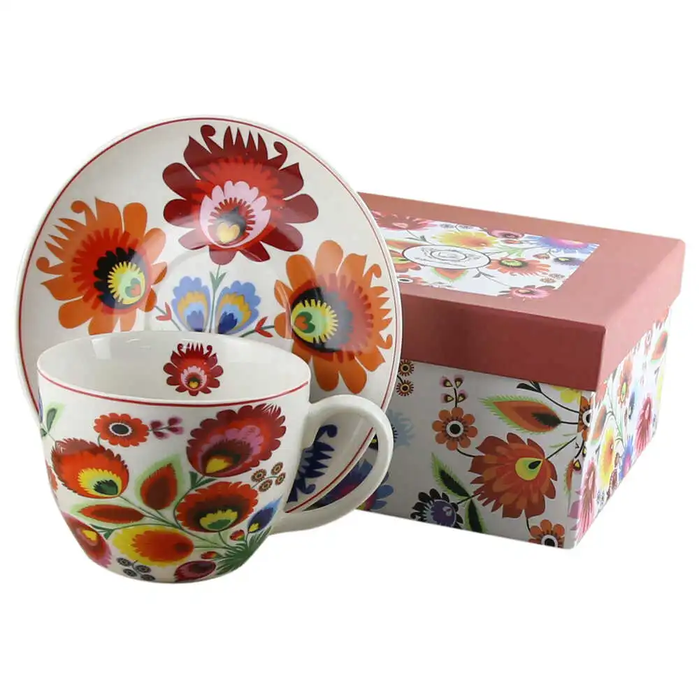 Casă și decorațiuni - Cana portelan Jumbo cu farfurie 470 ml „Lowicz”