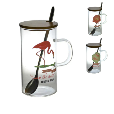 Căni și pahare - Cana din sticla cu accesorii Design Flamingo 10 x 6 x 12 cm modele diferite