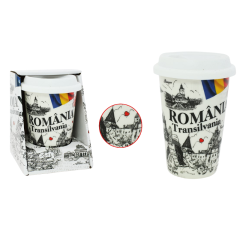 Căni și pahare - Cana ceramica cu capac Romania 9x12.5 cm