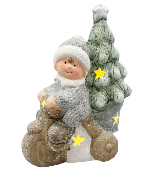 Noutăți Librăria Compas - Figurina Craciun baietel cu masinuta bradut si LED Noel 12 x 8 x 18 cm