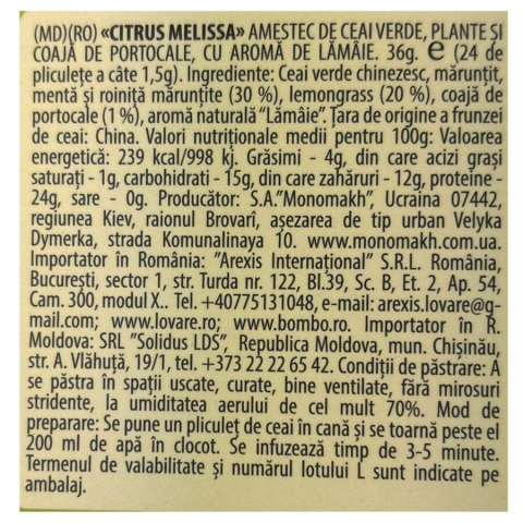 Amestec de ceai verde, plante, coaja de portocala, cu aroma de lamaie Citrus Melissa 24 plicuri x 1.5 g Lovare [4]