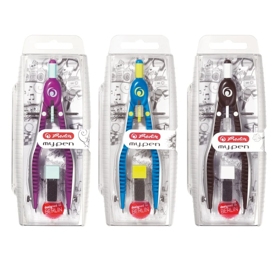 Accesorii geometrie și matematică - Compas my.pen plastic cu rezerve mina diverse culori Herlitz