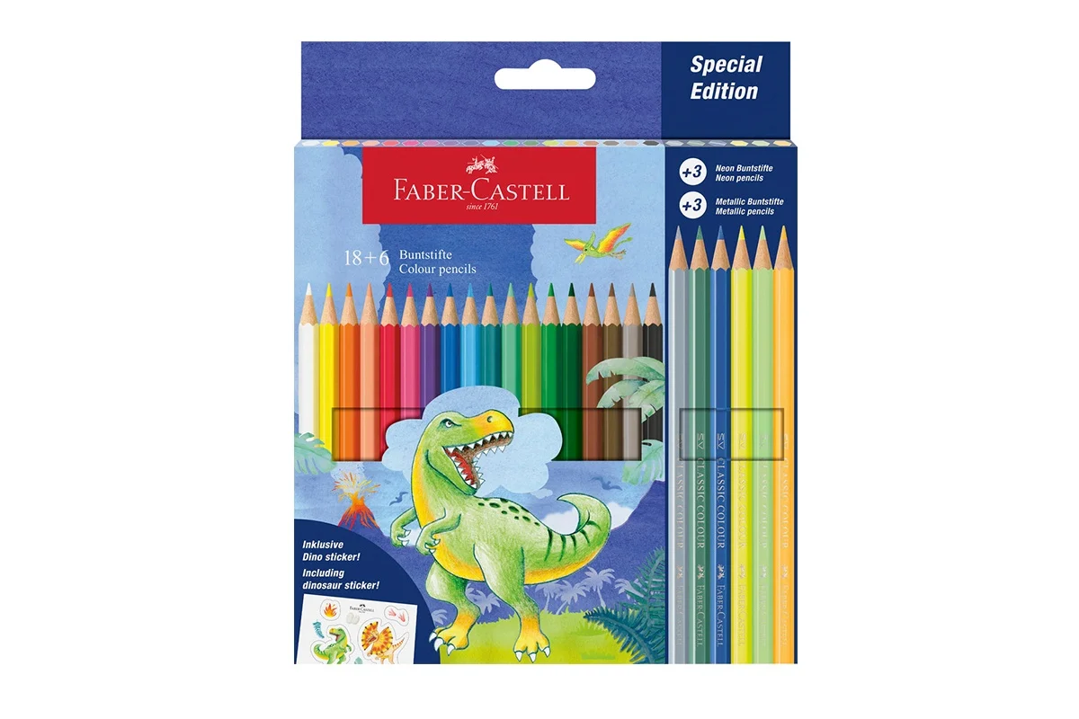 Creioane colorate - Creioane colorate 18+6 culori dinozauri Faber-Castell