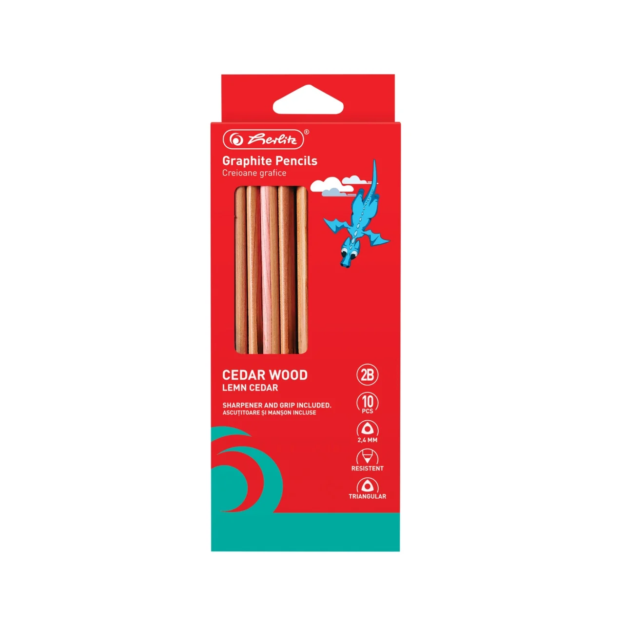 Rechizite școlare - Creion grafit 2B lemn triunghi 2.4 mm 10 buc /set + ascutitoare