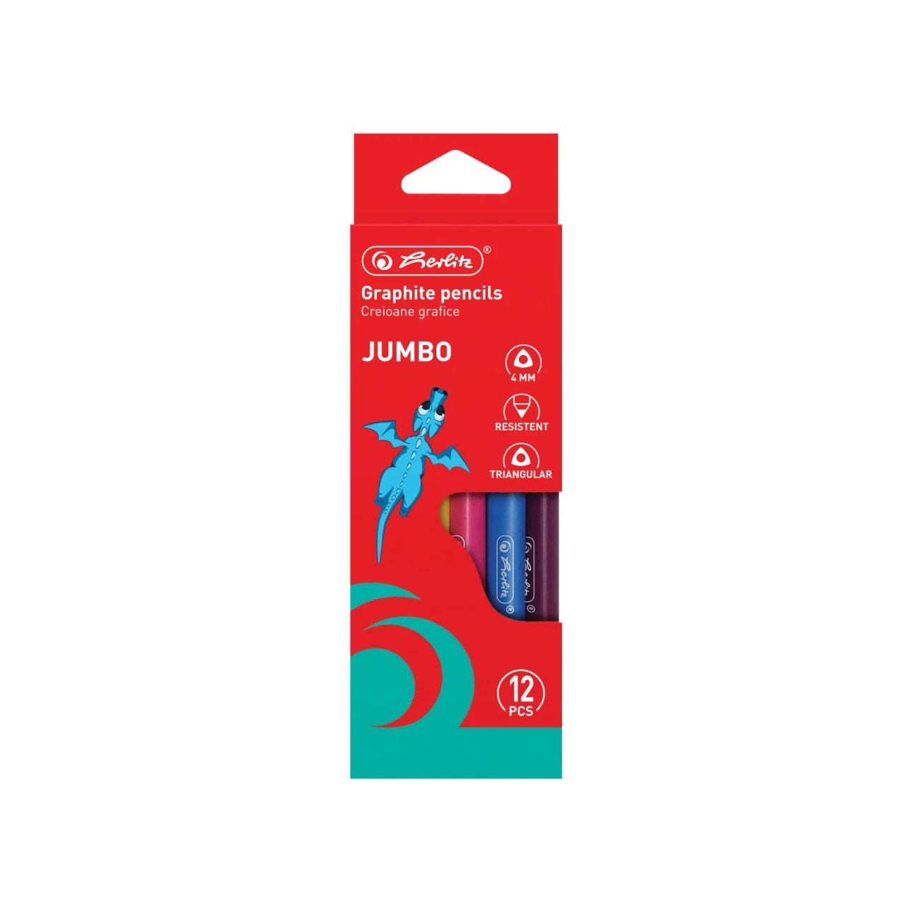 Rechizite școlare - Creion grafit cu radiera Herlitz Jumbo 2B triunghiular 4 mm 12 buc /set