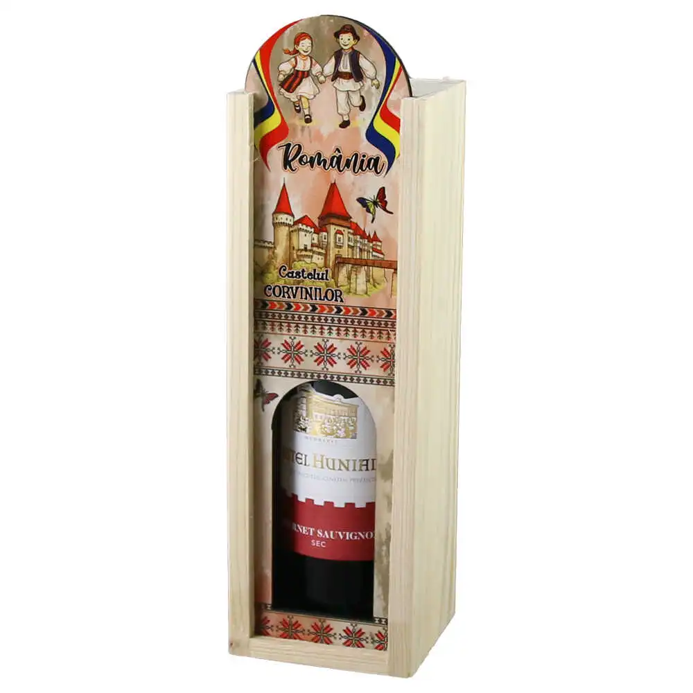 Băuturi și accesorii - Cutie din lemn Romania cu sticla vin 187 ml Castelul Corvinilor