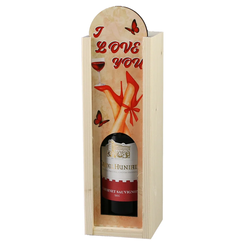 Băuturi și accesorii - Cutie lemn cu o sticla vin 187 ml I love you 7x24cm