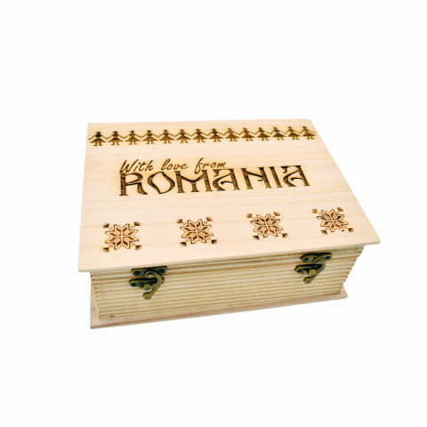 Souvenir România - Cutie lemn personalizata gravata 17x23cm Romania traditional