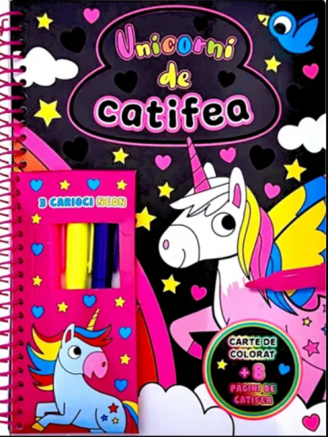 Cărți de colorat - Unicorni de catifea Carte de colorat cu 3 carioci neon