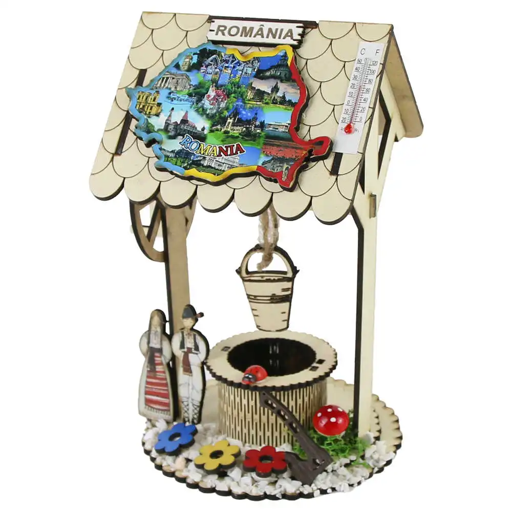 Ornamente și figurine decorative - Decor lemn fantana „Romania” 12x20 cm cu termometru