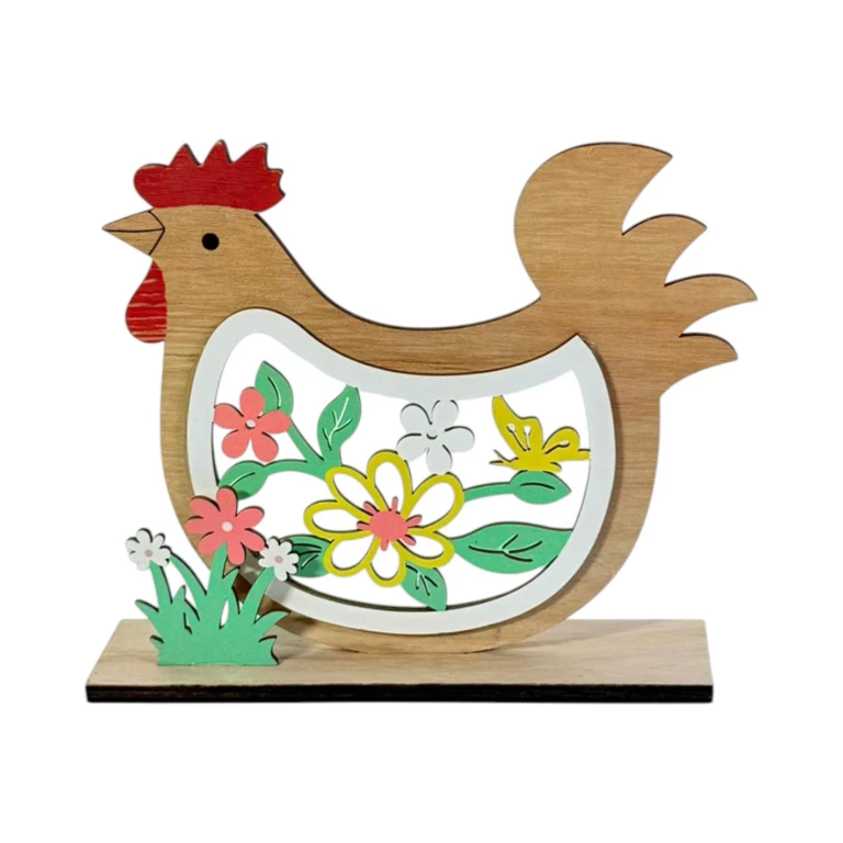 Casă și decorațiuni - Decoratiune de Paste din lemn Gaina cu elemente florale decorative