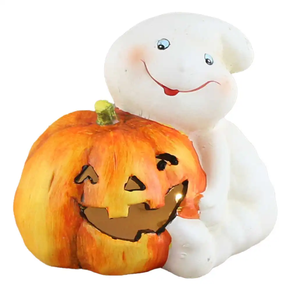 Ornamente și figurine decorative - Dovleac Halloween din ceramica cu fantoma si led 16 x 12 x 14 cm