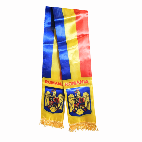 Souvenir România - Esarfa Romania cu stema si franjuri 14 x 130 cm