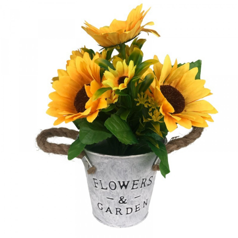 Aranjamente florale - Ghiveci metalic cu floarea soarelui 15x24 cm