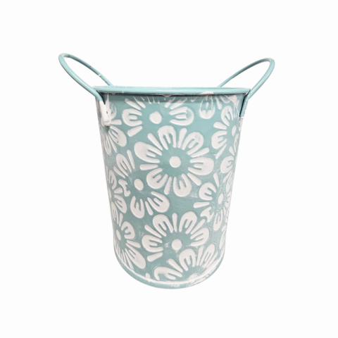 Noutăți Librăria Compas - Ghiveci metalic decorativ bleu cu model floral alb 13 x 12 cm