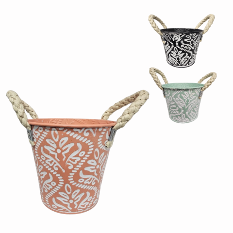 Vaze decorative - Ghiveci metalic cu manere din sfoara 13 x 9.5 x 9.3 cm culori diferite