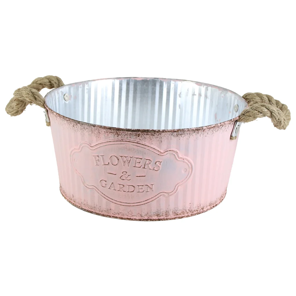 Casă și decorațiuni - Ghiveci din metal cu manere din sfoara 22x10 cm roz